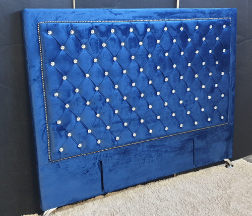 Ancona Buttoned Super King Headboard - Navy Blue Velvet with Crystals