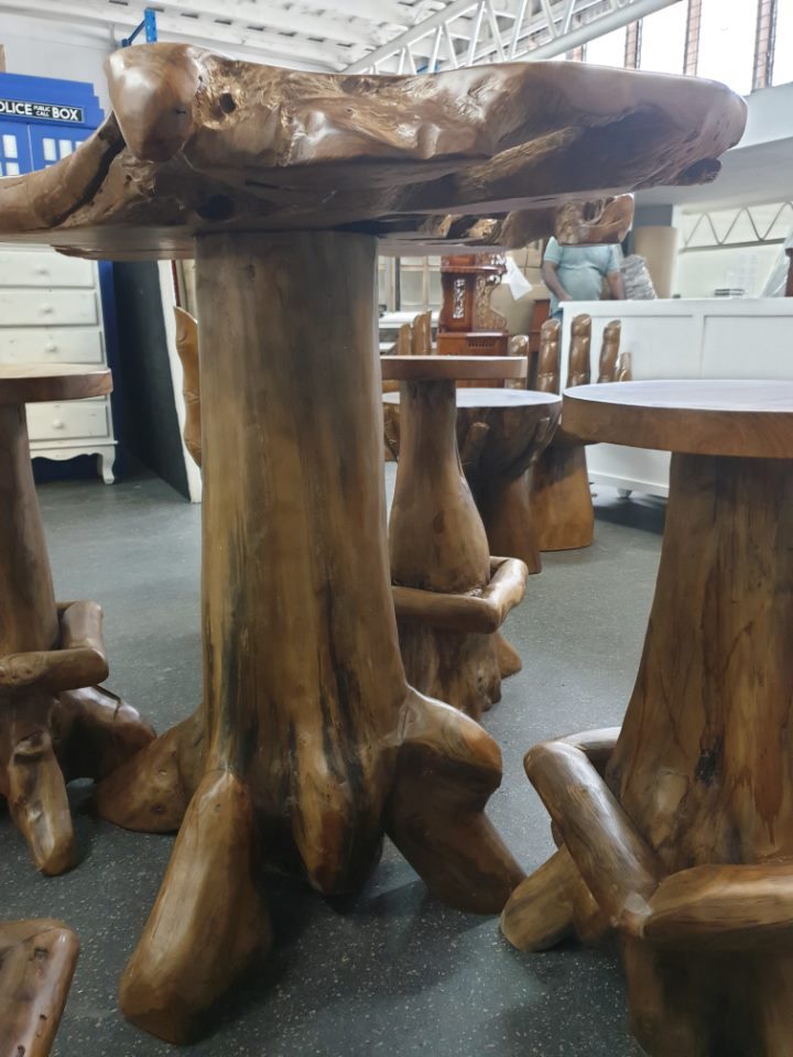 Teak Root Bar Leaner and 4 Stools (All from Teak Root)