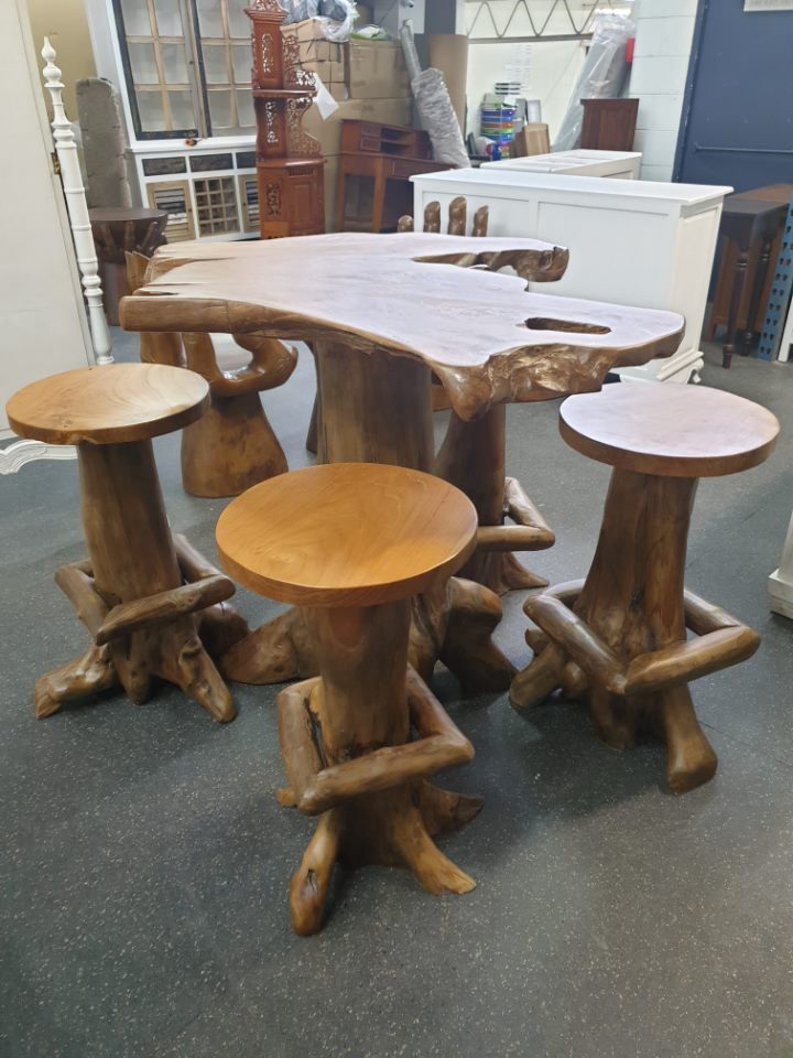 Teak Root Bar Leaner and 4 Stools (All from Teak Root)