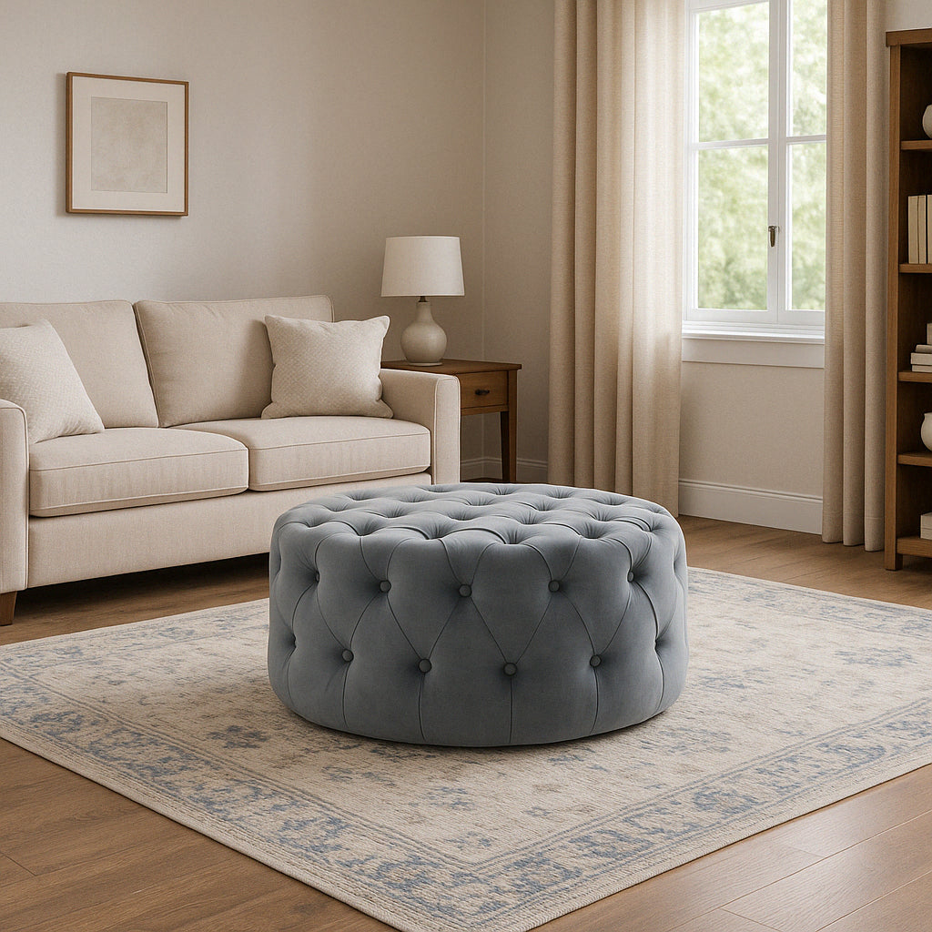Round Ottoman/Coffee Table - Dark Grey Velvet – Two Little Angels Furniture