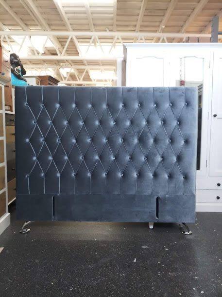 Dahlia Buttoned California King Headboard - Blueish Grey Velvet