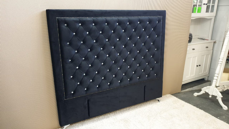 Ancona Buttoned California King Headboard - Black Velvet with Crystals