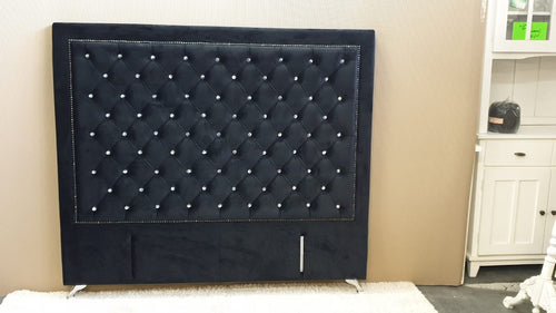 Ancona Buttoned California King Headboard - Black Velvet with Crystals