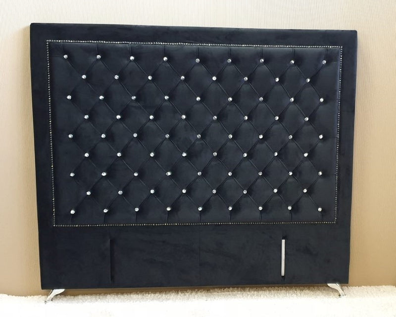 Ancona Buttoned King  Headboard - Black Velvet with Crystals