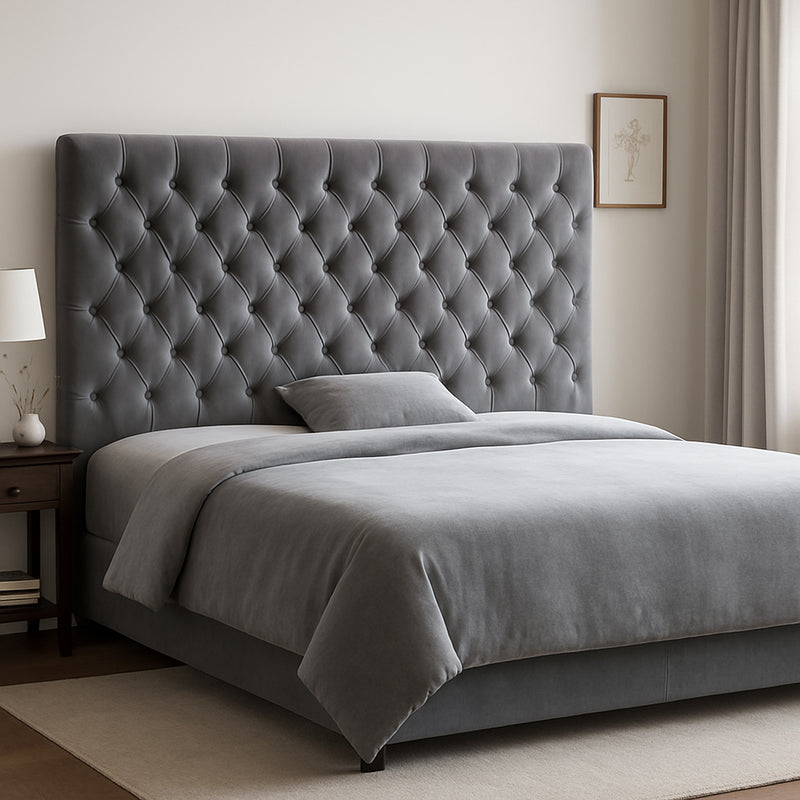 Dahlia Buttoned Queen Headboard - Dark Grey Velvet
