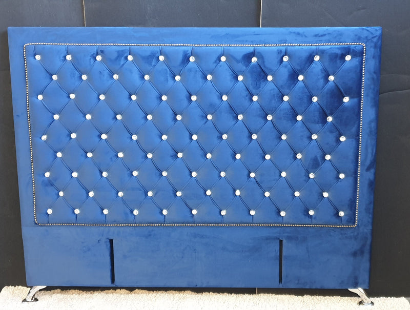 Ancona Buttoned Queen Headboard - Navy Blue Velvet with Crystals