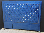 Ancona Buttoned Queen Headboard - Navy Blue Velvet with Crystals