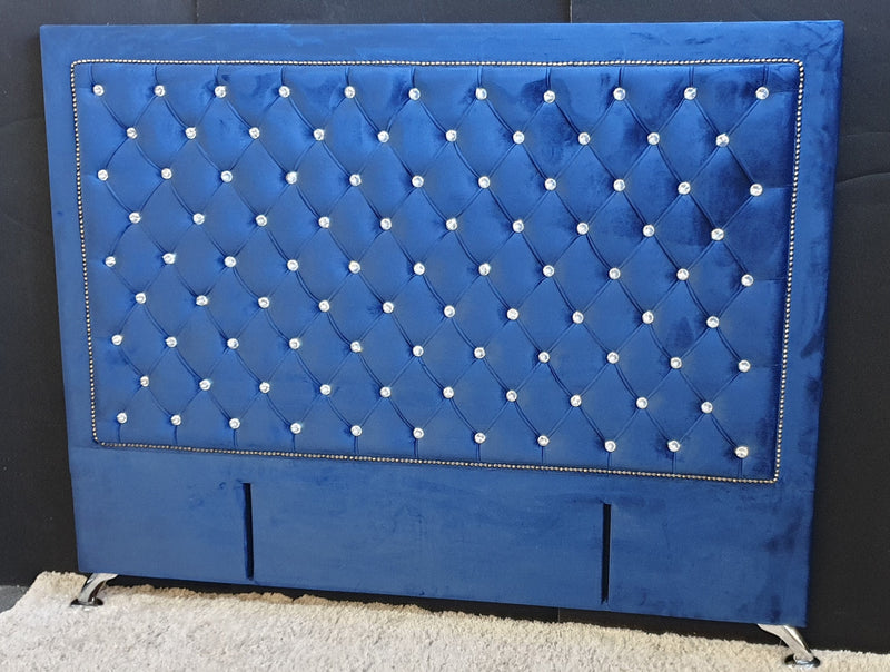 Ancona Buttoned Queen Headboard - Navy Blue Velvet with Crystals