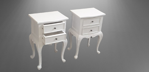 French Style Bedside Cabinet Pair - Mindi Wood - White Finish