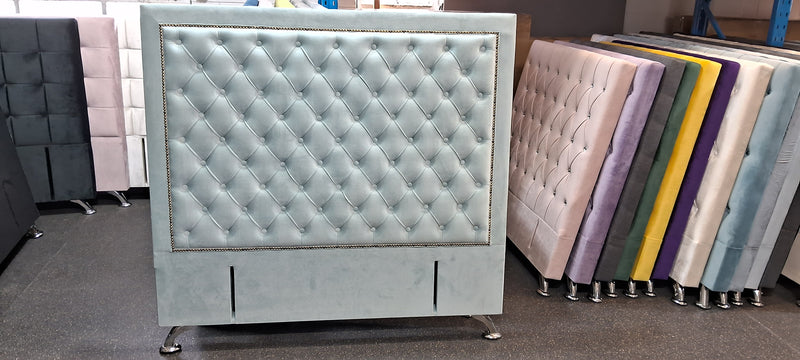 Ancona Buttoned Queen Headboard - Ash White Velvet (Sky Blue Shade)