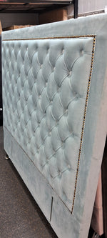 Ancona Buttoned Queen Headboard - Ash White Velvet (Sky Blue Shade)