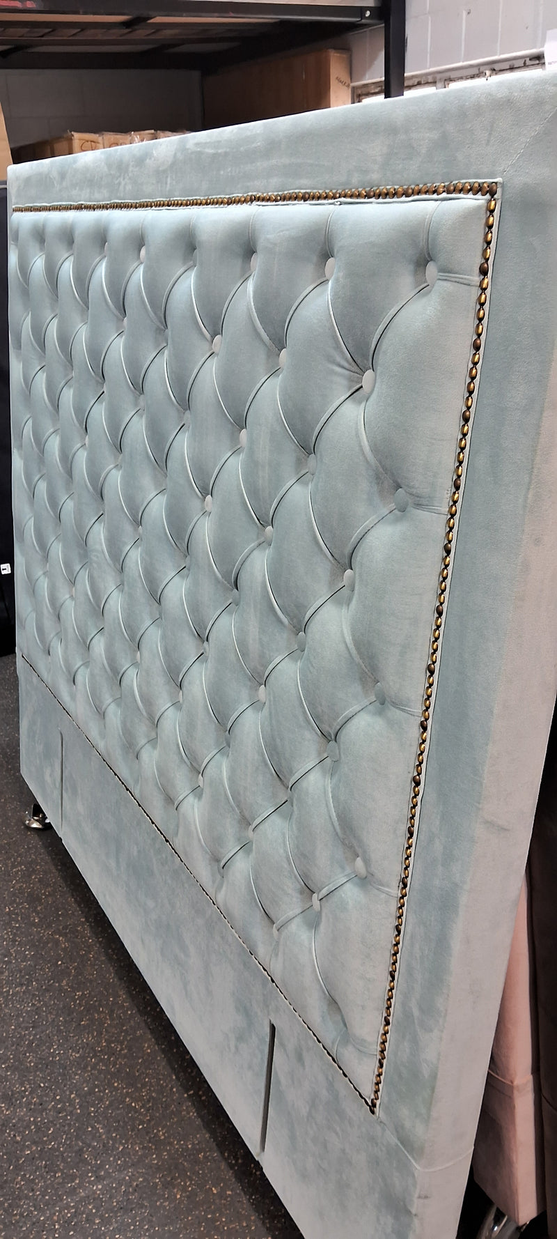 Ancona Buttoned Queen Headboard - Ash White Velvet (Sky Blue Shade)
