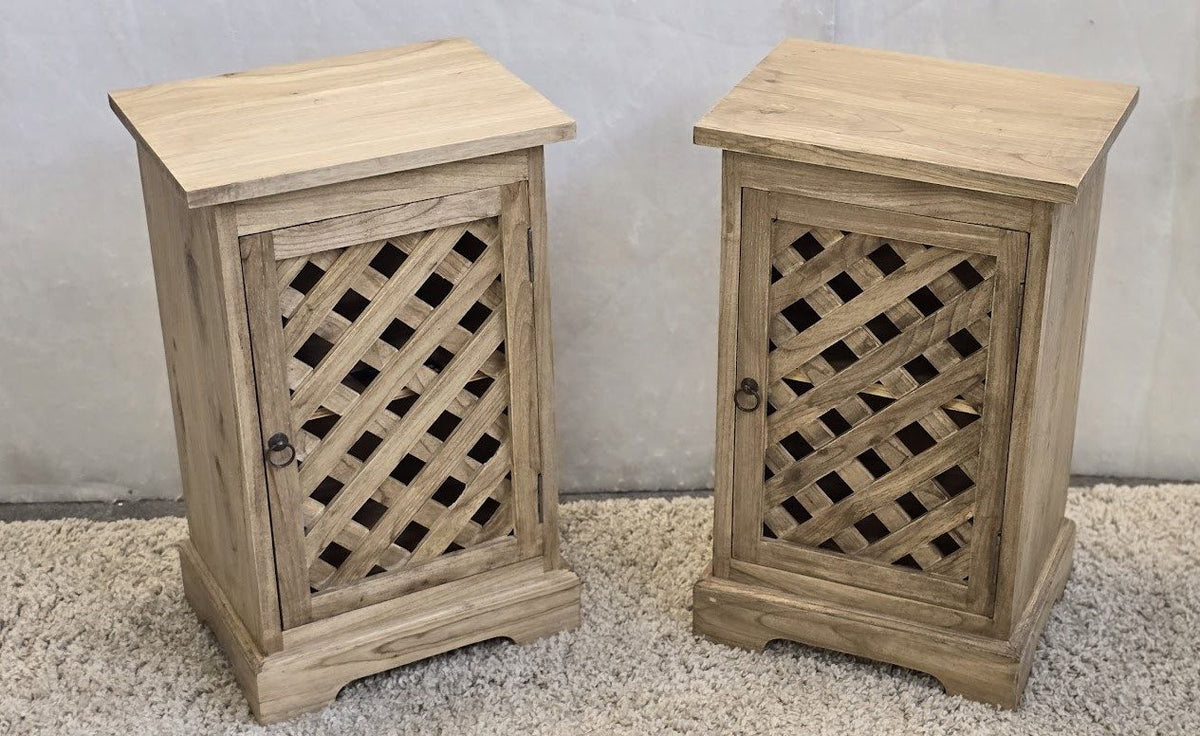 Bedside Cabinet Pair - Mindi Wood - Natural Finish - Caged Doors