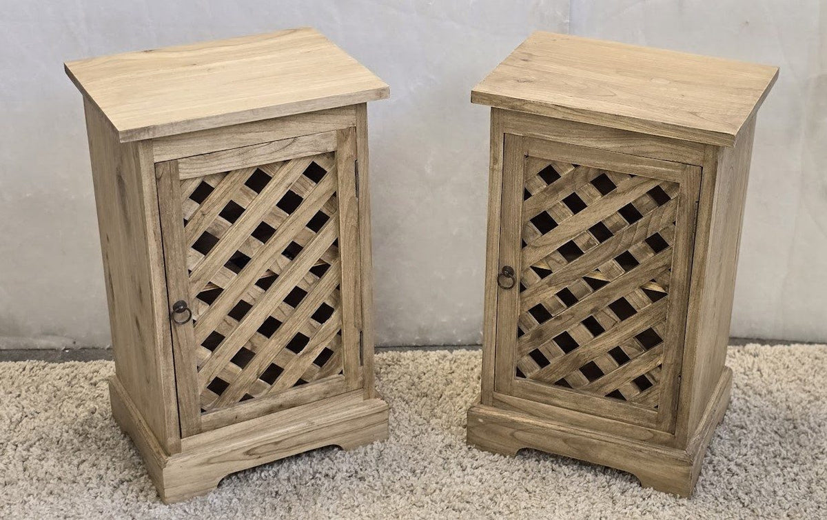 Bedside Cabinet Pair - Mindi Wood - Natural Finish - Caged Doors