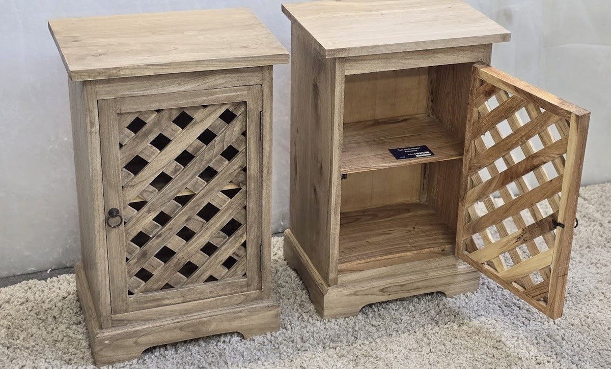 Bedside Cabinet Pair - Mindi Wood - Natural Finish - Caged Doors