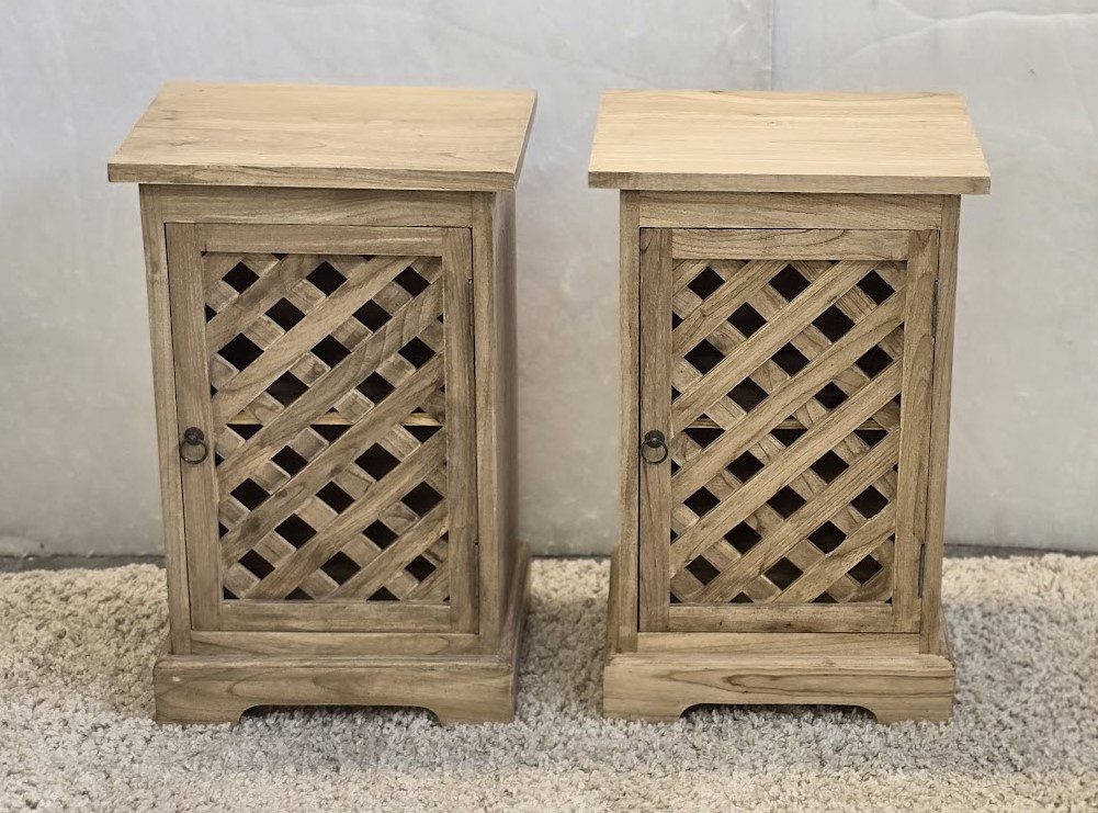 Bedside Cabinet Pair - Mindi Wood - Natural Finish - Caged Doors