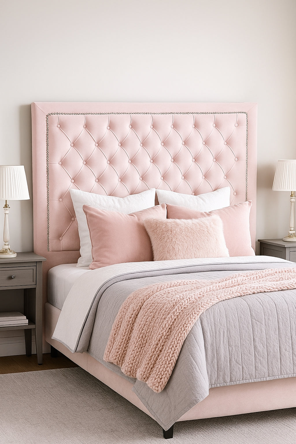 Ancona Buttoned Queen Headboard - Pink Velvet - Clearance Price $319 (HB-A-QN-PV)