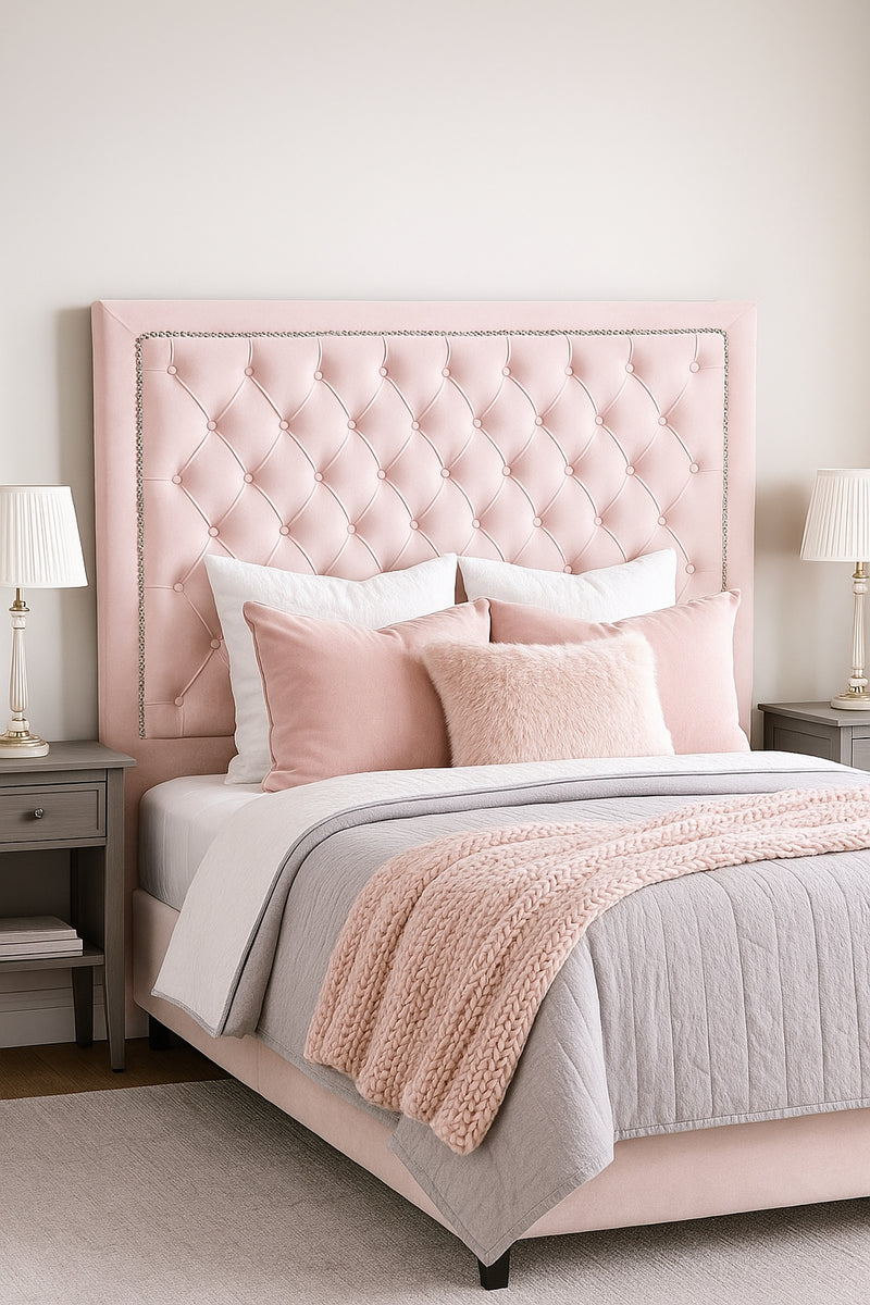 Ancona Buttoned Queen Headboard - Pink Velvet