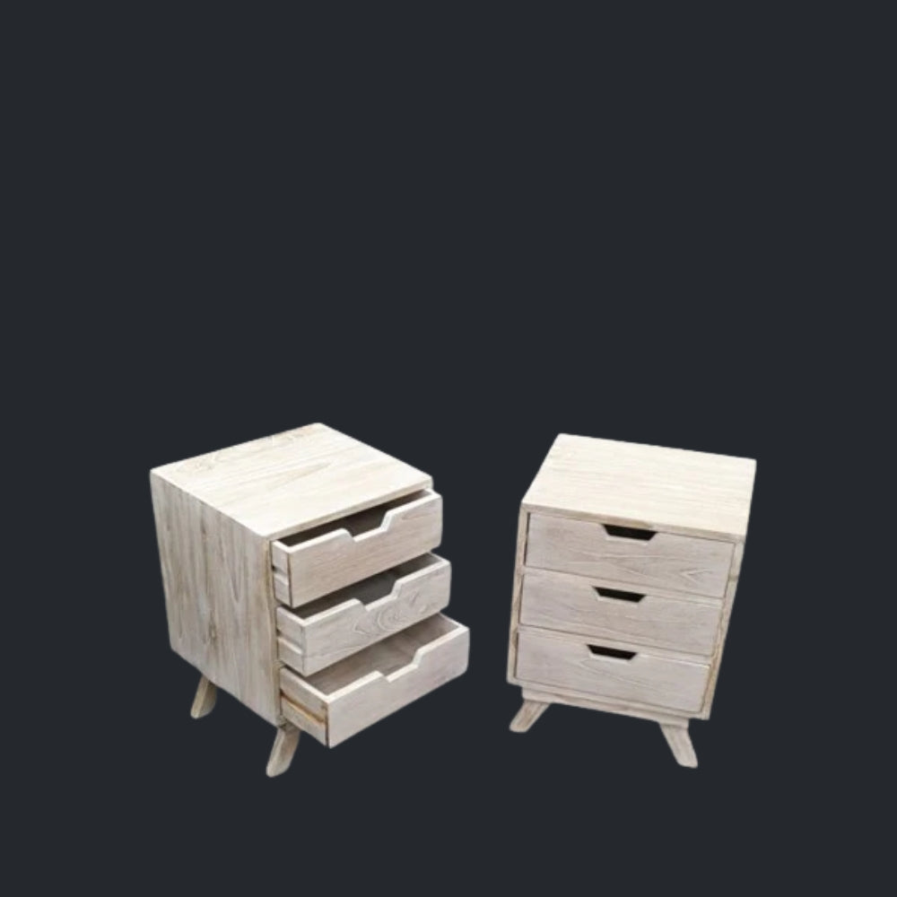 Bedside Cabinet Pair - Mindi Wood - White Wash Finish