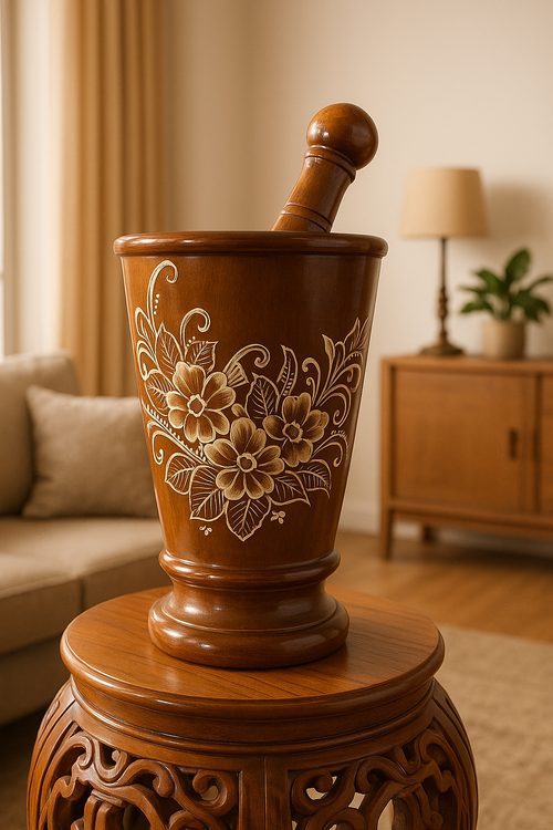 Handcrafted Wooden Mortar and Pestle – Floral Carved Design