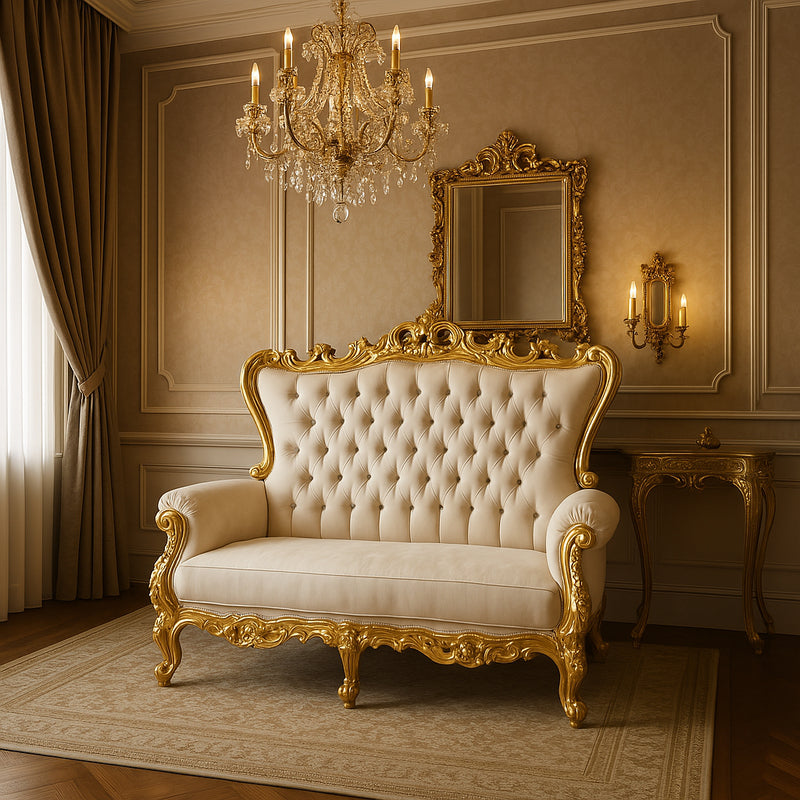 Throne Sofa (King/Queen 2 seater Sofa) - Mahogany Wood - Beige/Cream Velvet