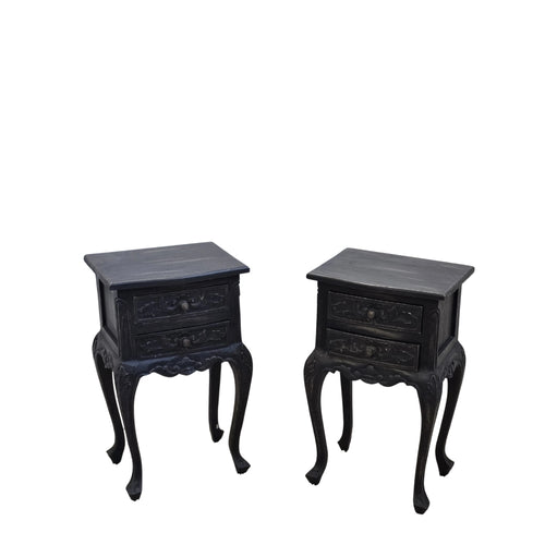 French Style Bedside Cabinet Pair - Mindi Wood - Black Wash