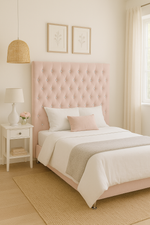 Dahlia Buttoned King Single Headboard - Pink Velvet with Crystals