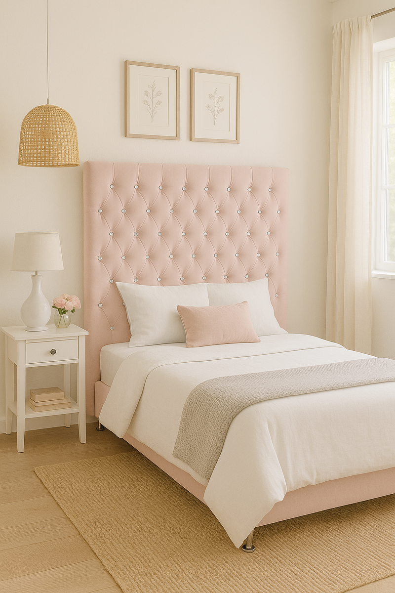 Dahlia Buttoned King Single Headboard - Pink Velvet with Crystals
