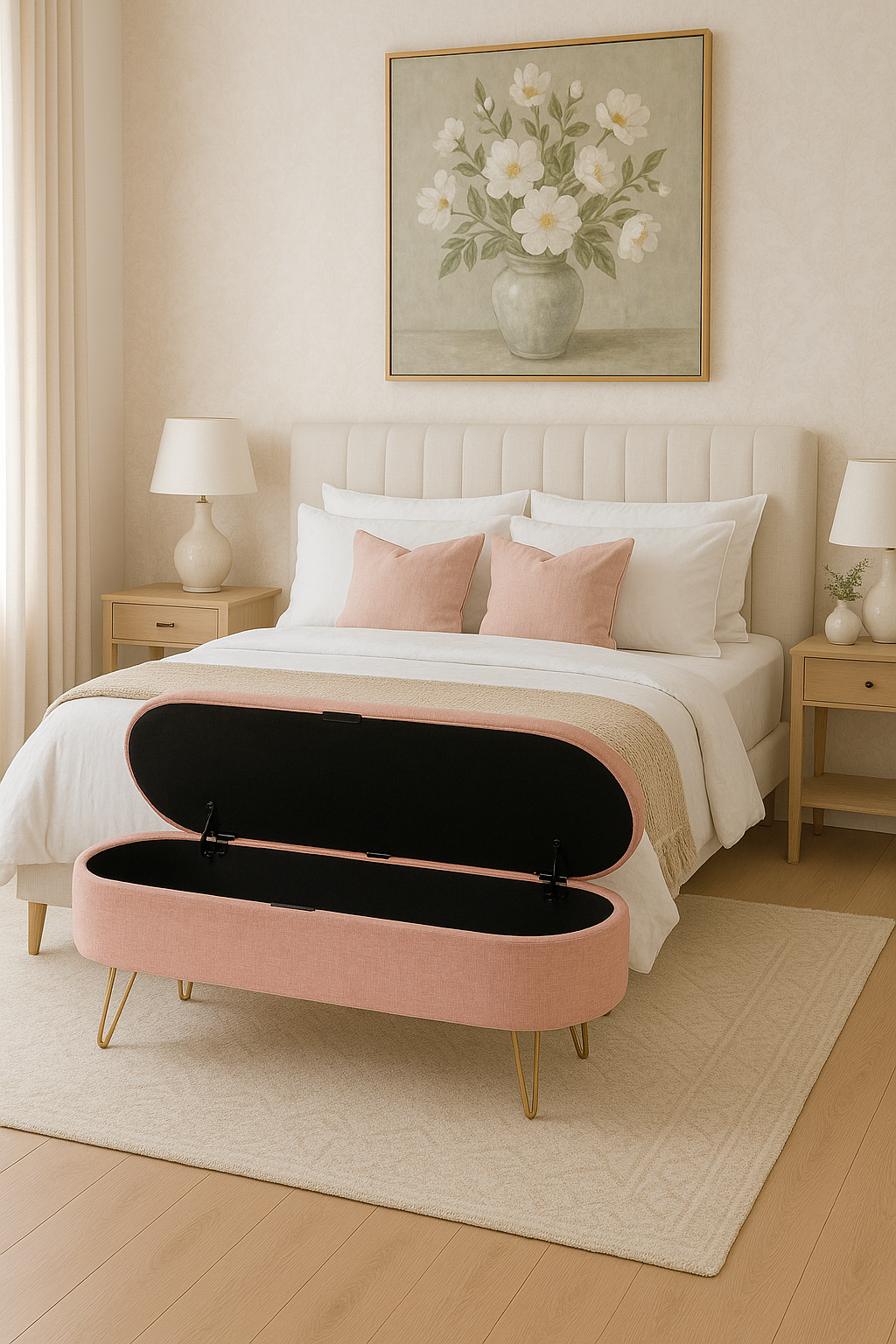 Long Storage Ottoman / Blanket Box - Pink Fabric