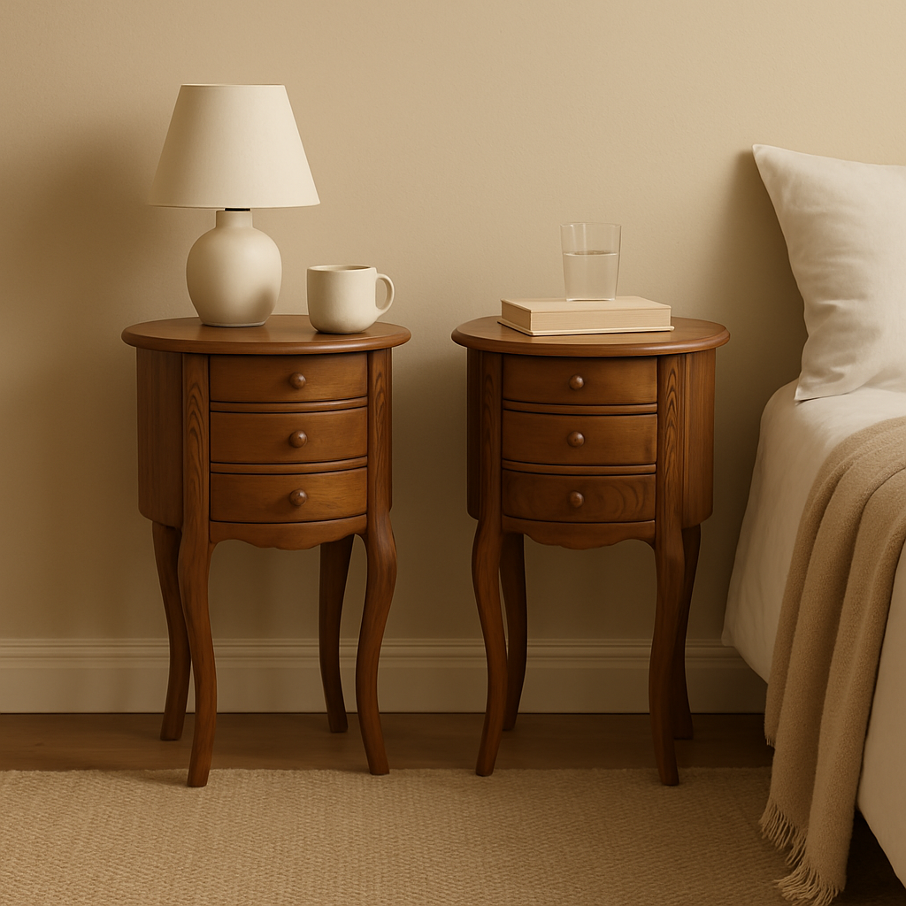 Bedside Table Pair - Oval Shape - Teak Wood