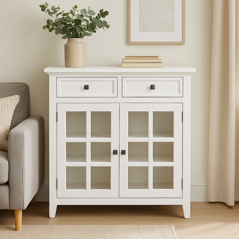 White Wooden Storage Cabinet with Glass Doors