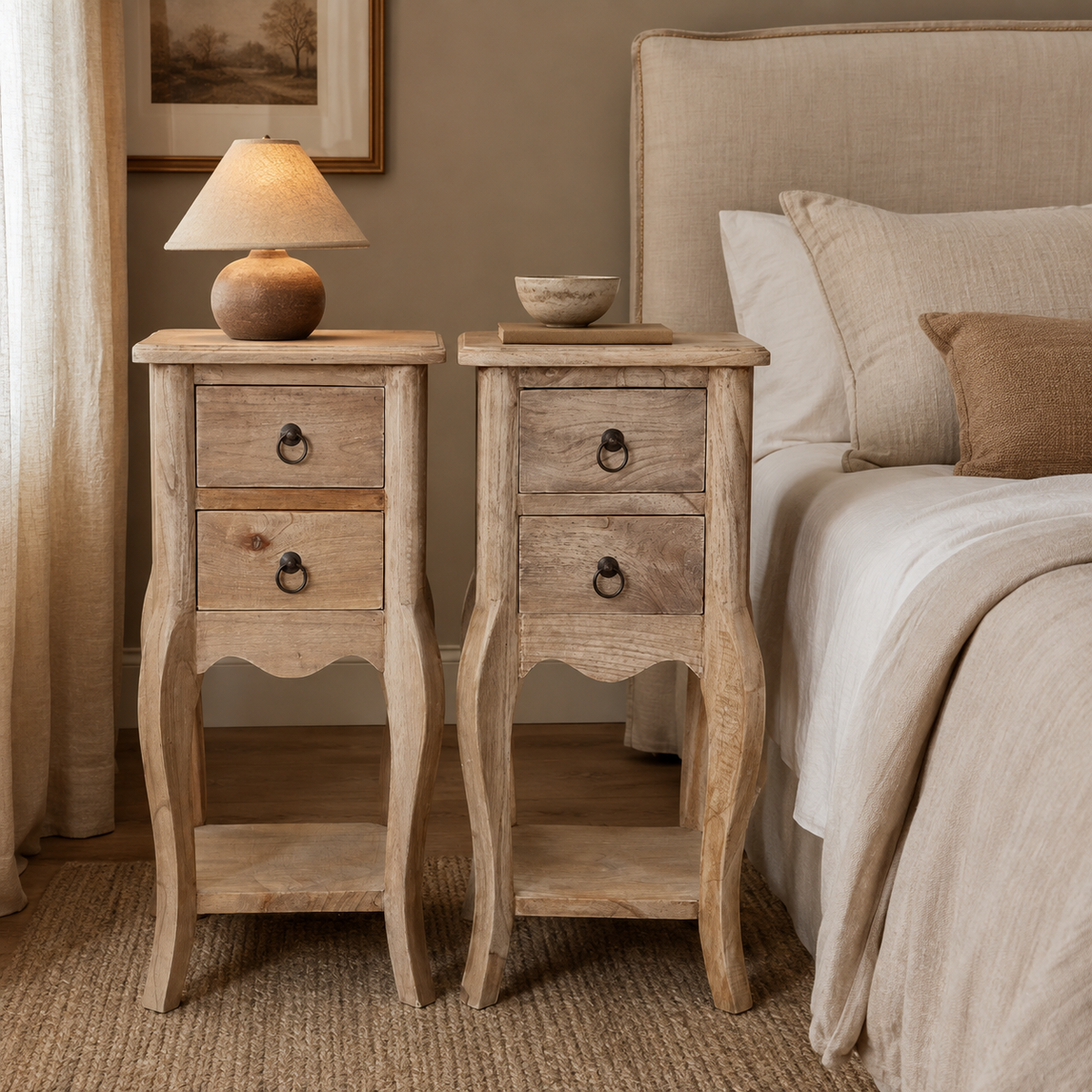 Square Bedside Cabinet Pair - Mindi Wood - Natural Finish - Clearance Price - $185