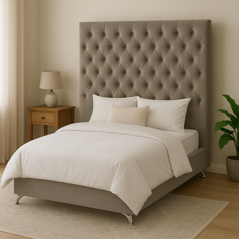 Dahlia Buttoned Super King Headboard - Stone Grey Velvet