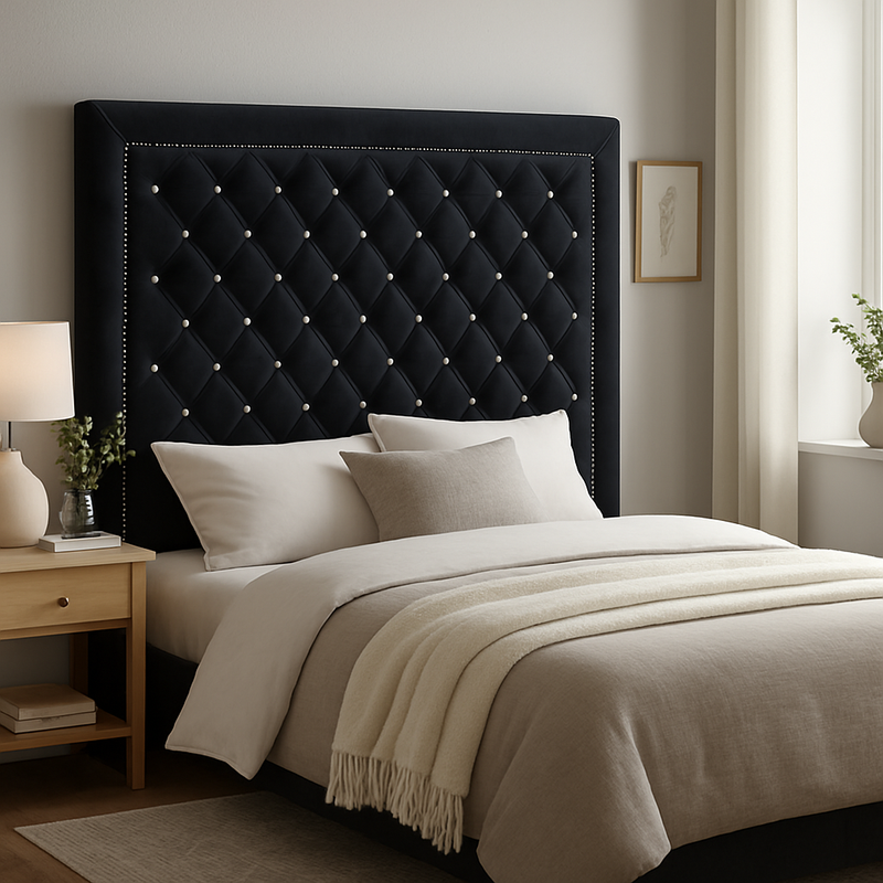 Ancona Buttoned King  Headboard - Black Velvet with Crystals