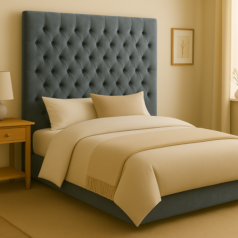 Dahlia Buttoned King Headboard - Blueish Grey Velvet