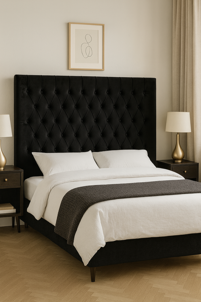 Dahlia Buttoned King Headboard - Black Velvet