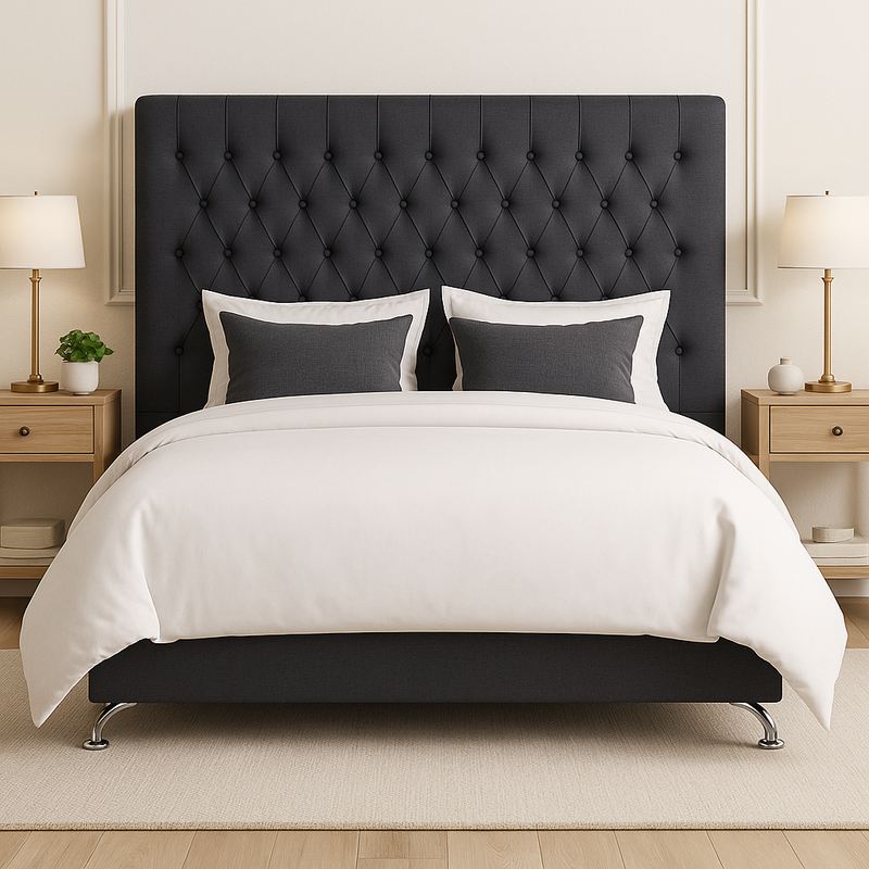 Dahlia Buttoned King Headboard - Dark Grey Fabric
