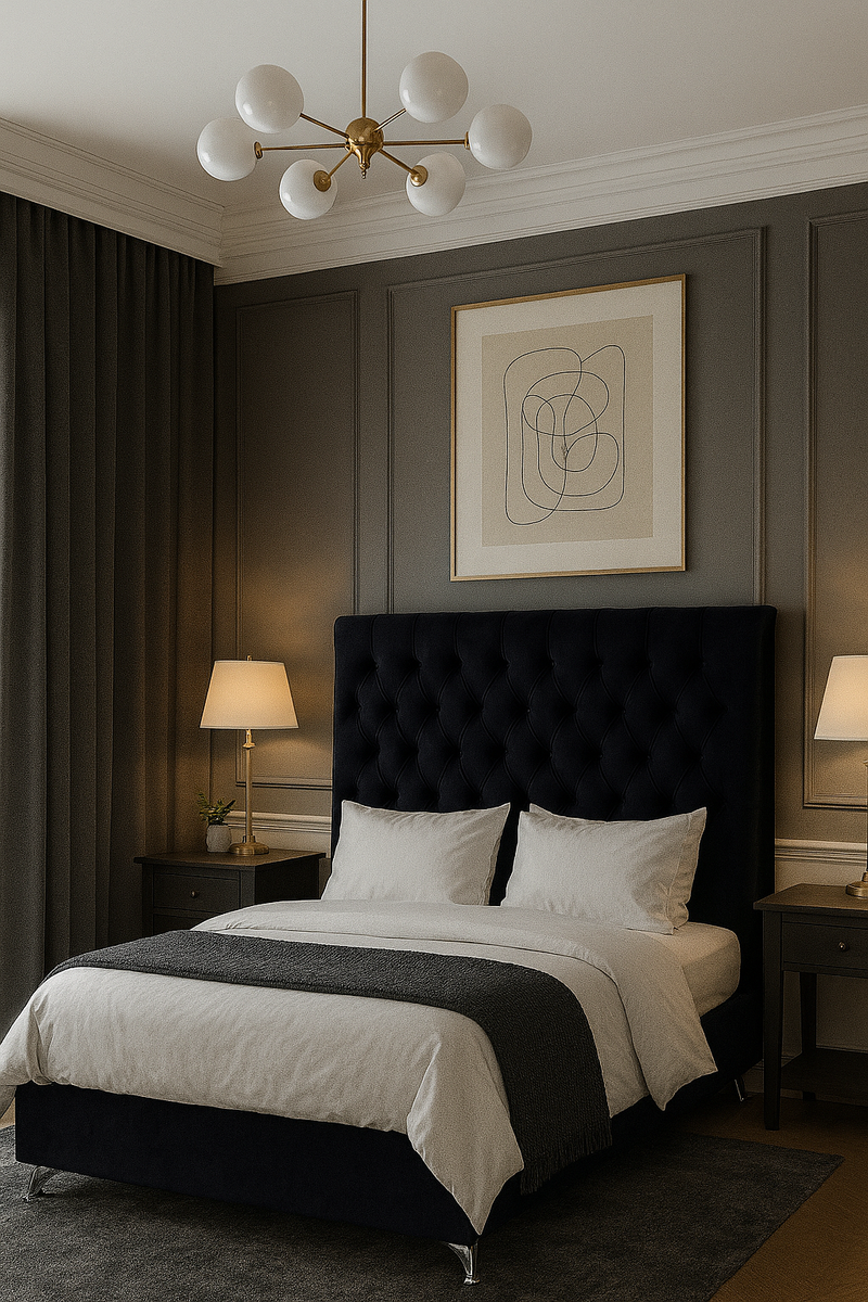 Dahlia Buttoned Super King Headboard - Black Velvet