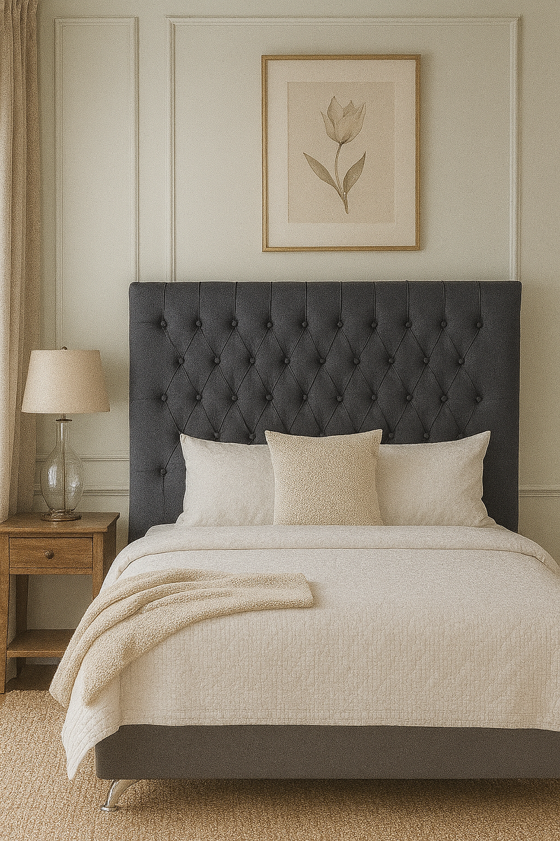 Dahlia Buttoned King Single Headboard - Dark Grey Fabric