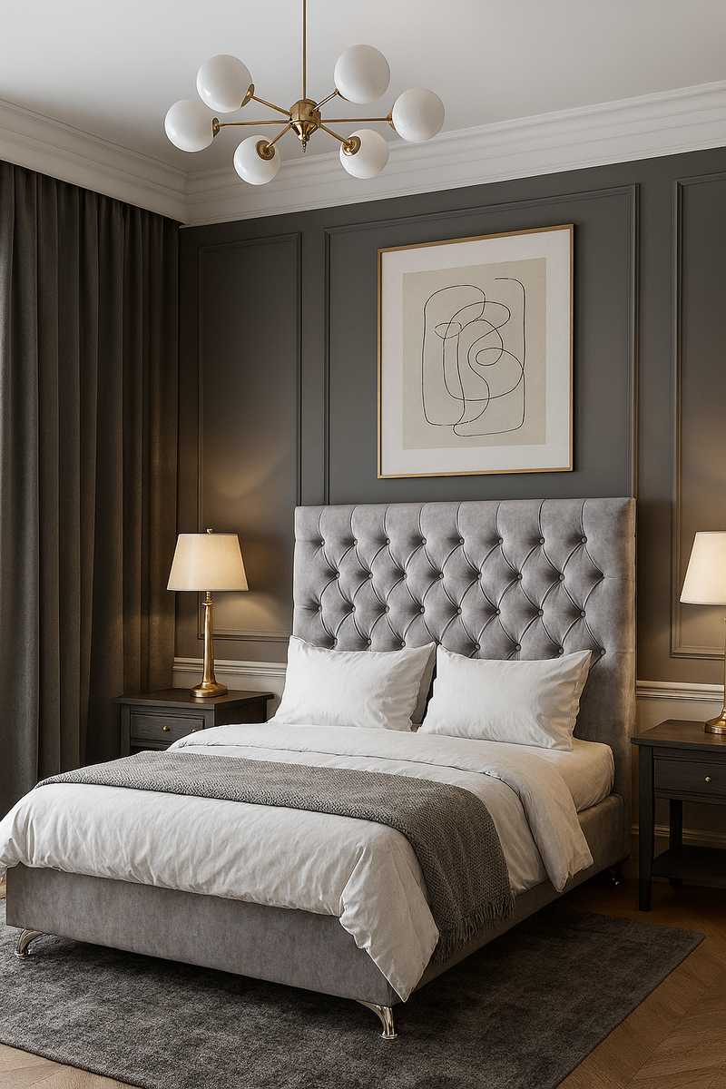 Dahlia Buttoned King Single Headboard - Dark Grey Velvet