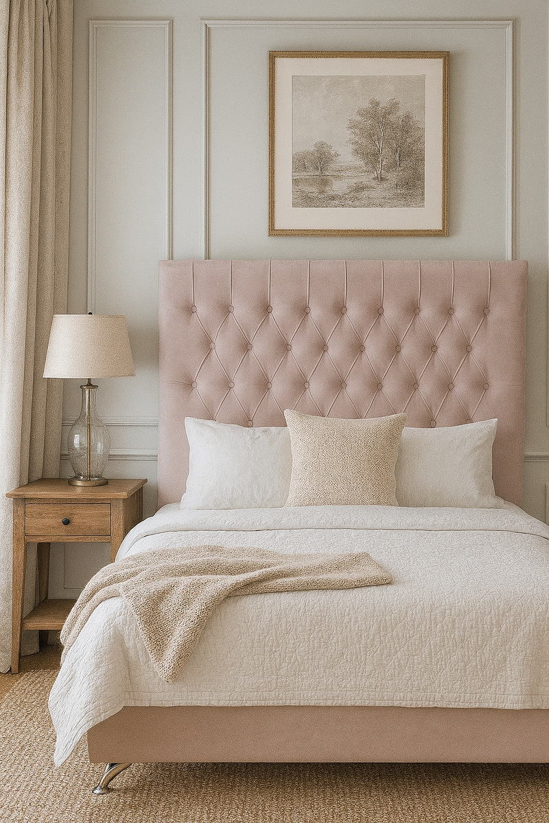 Dahlia Buttoned King Headboard - Pink Velvet