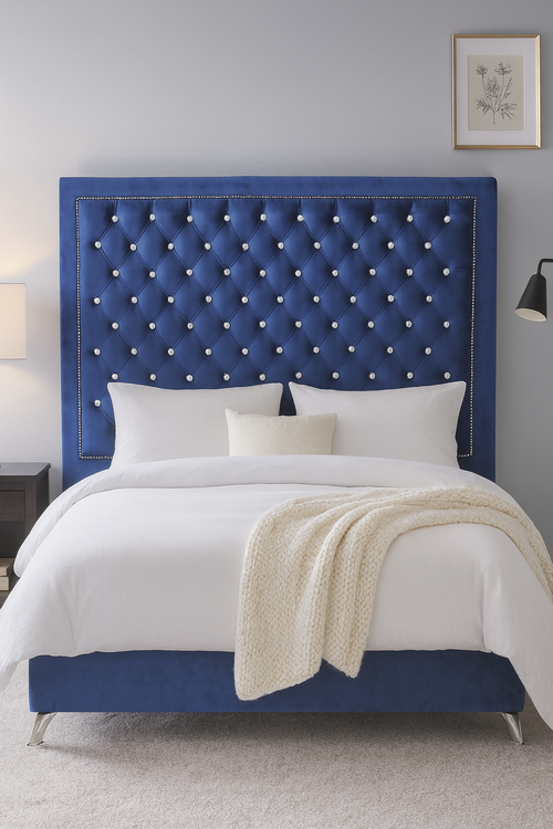 Ancona Buttoned Queen Headboard - Navy Blue Velvet with Crystals