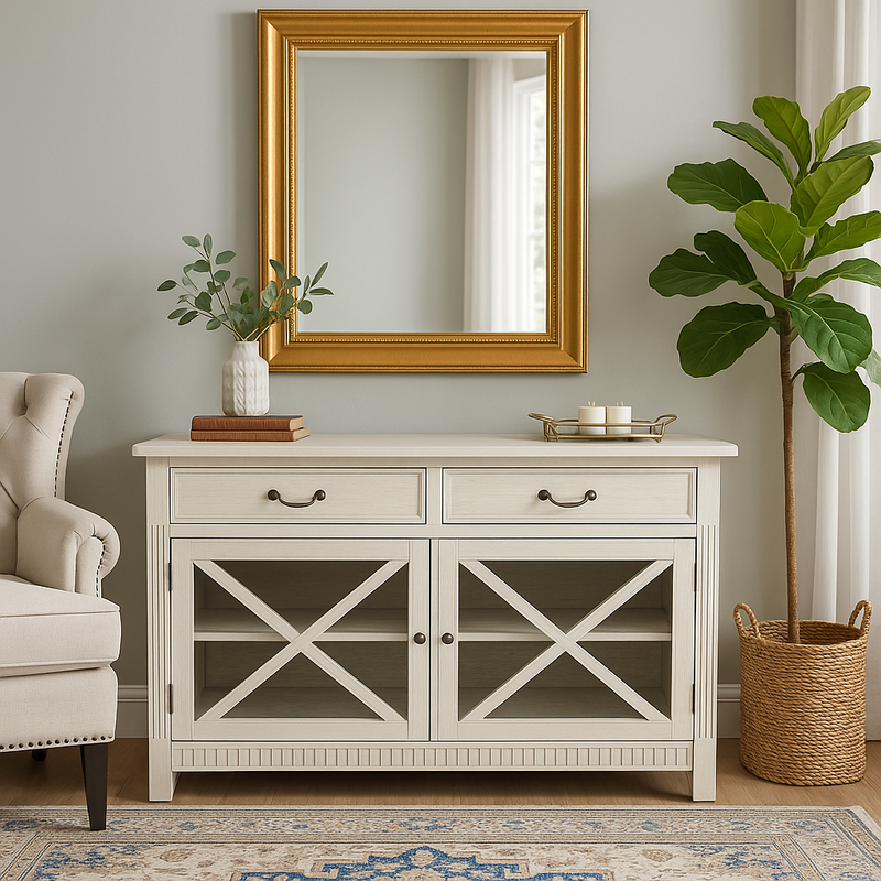 Farmhouse Chic Sideboard Buffet – Whitewashed Finish