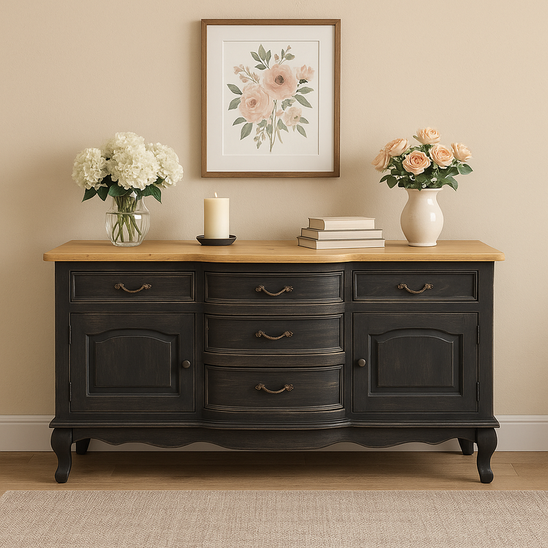 Buffet Cabinet/Side Table - Mindi Wood - Black Wash with Natural Finish Top