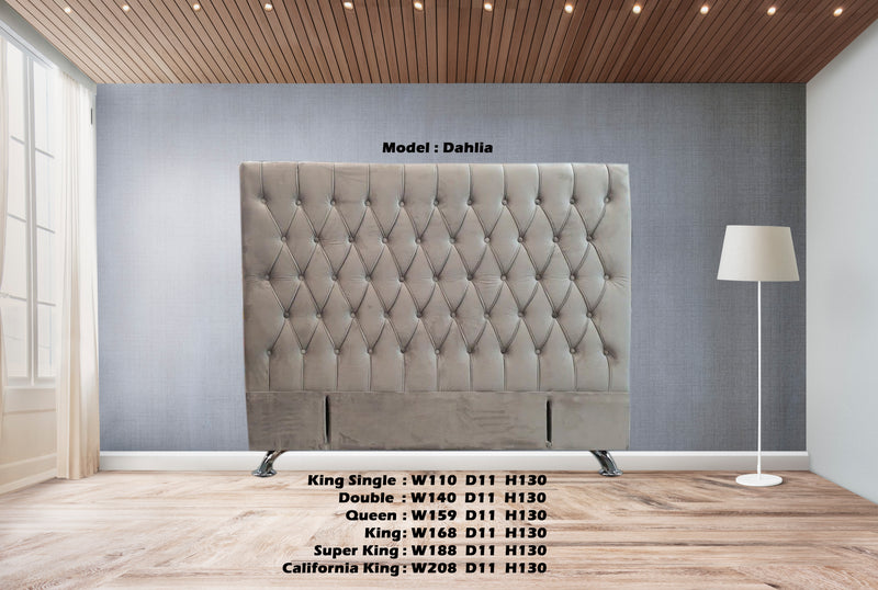 Dahlia Buttoned King Single Headboard - Stone Grey Velvet