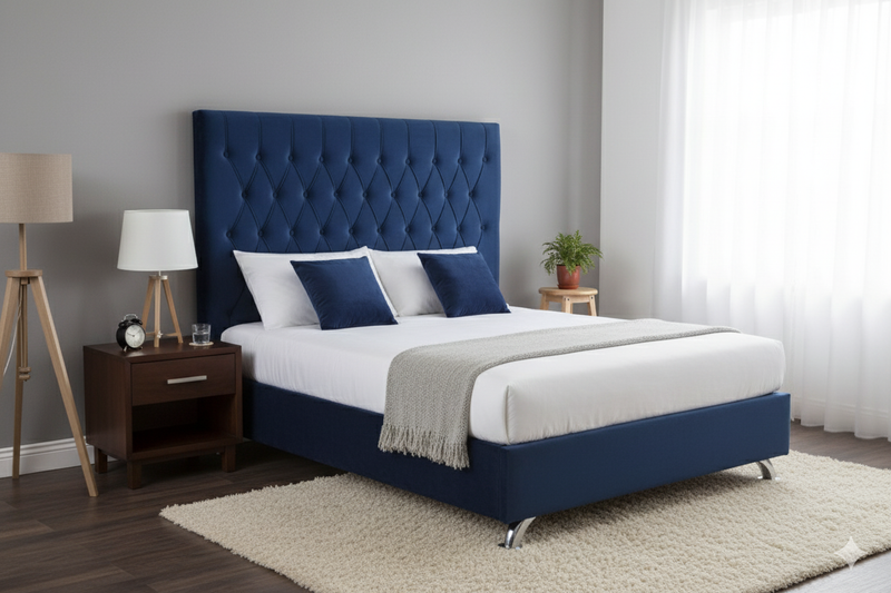 Dahlia Buttoned King Single Headboard - Navy Blue Velvet