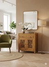 Solid Wood Cabinet with Intricate Carved Doors - Natural Wax Finish