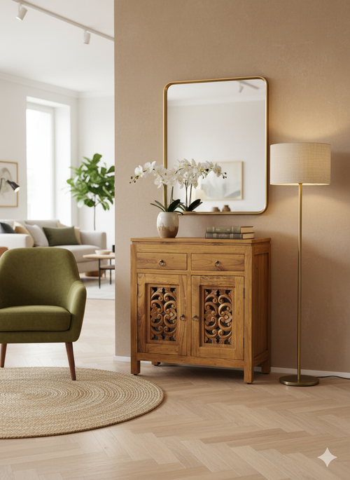 Solid Wood Cabinet with Intricate Carved Doors - Natural Wax Finish
