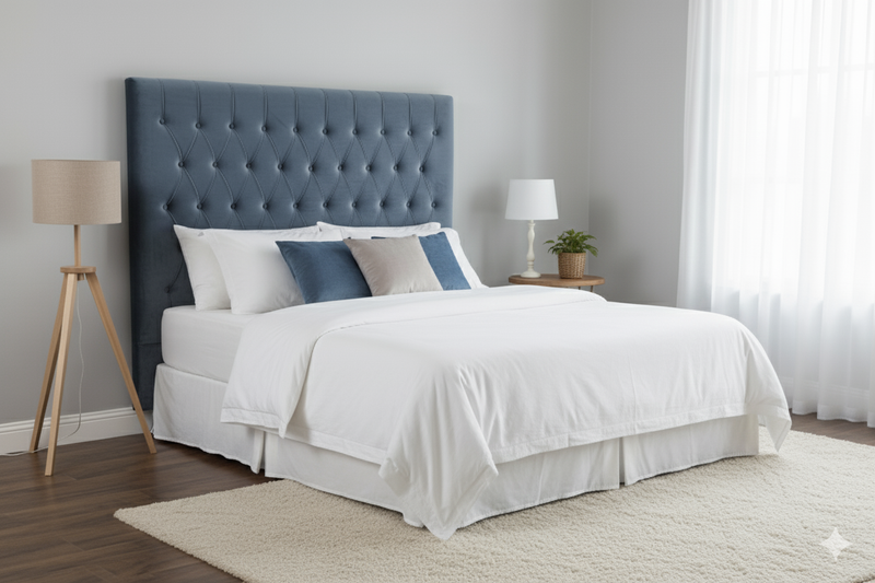 Dahlia Buttoned Queen Headboard - Blueish Grey Velvet