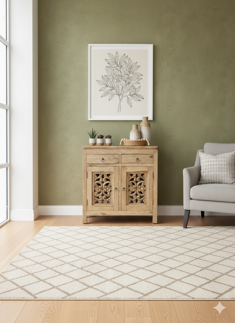 Handcrafted Solid Wood Cabinet with Intricate Carved Doors - Natural Finish